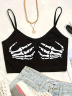 Gothic Skeleton Skeleton Print Crop Top Summer Women's Sexy Elastic Camis Female Strap Top Backless Vest Halloween Black Top