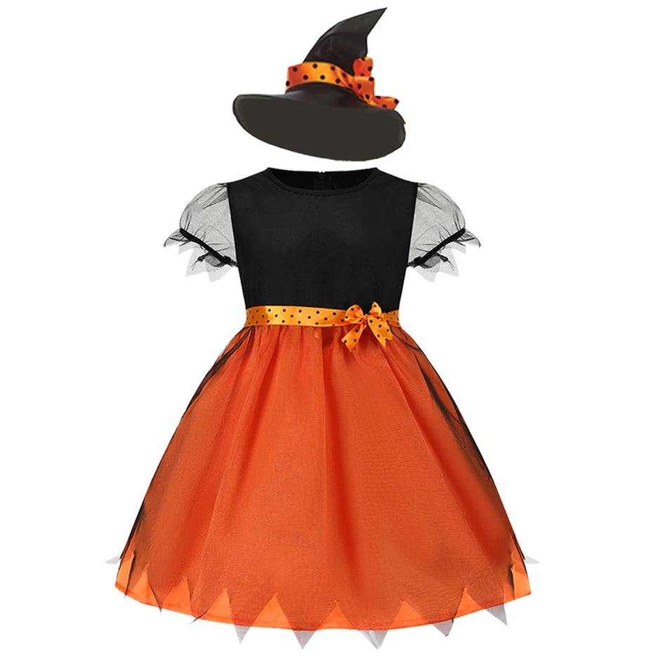 2026 Girls Halloween Cosplay Pumpkin Clothes Witch With Hat Costume Carnival Party Cosplay Dress Clothes Infant Costume