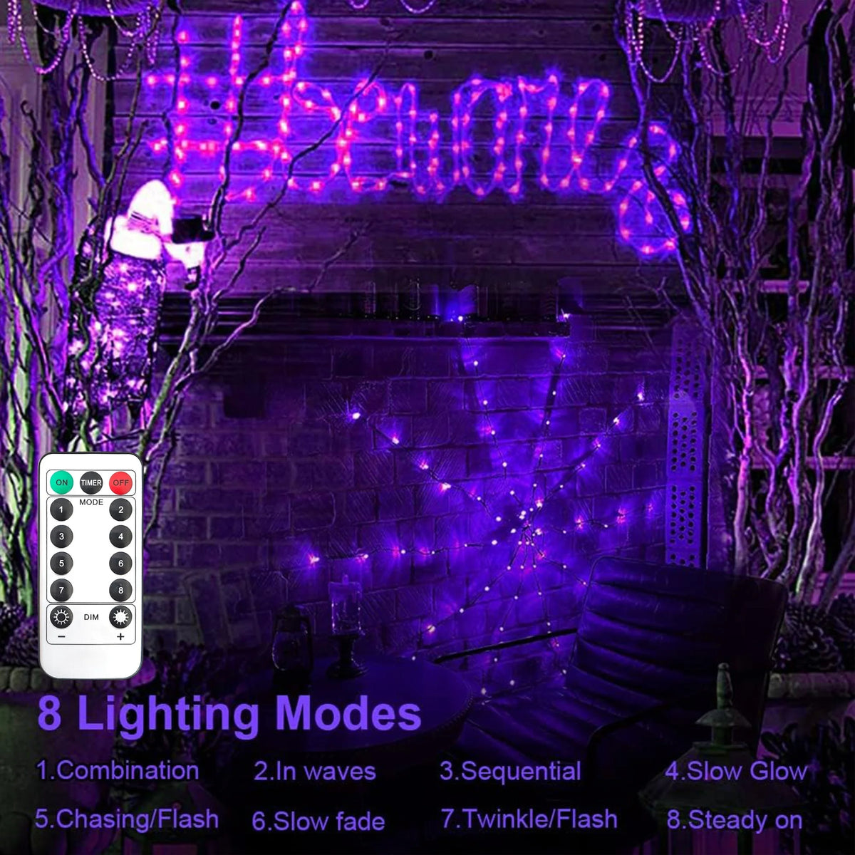 Giant Luminous LED Spider Web String Lights with Plush Spider, Creepy and Spooky Window Haunted Halloween Decorations