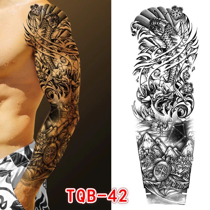 Large Arm Tattoo Sticker Full Sleeve Temporary Tattoos for Men Fish Wolf Tiger Tattoo Fake Tatoo for Women Waterproof Body Art
