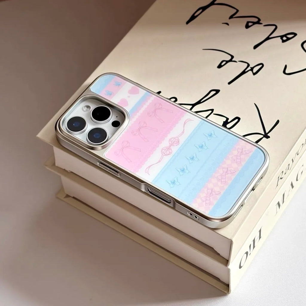 INS KOREAN Pink Forest Morning Post Bow Silver Frame Phone Case for IPhone 16 PLUS 15 14 13 12 11 Pro Max Back Cover Capa