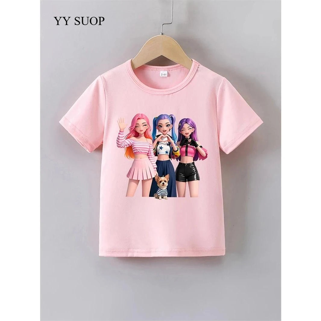Girls K-POP Idol Group Print Short Sleeve T-Shirt Cute Cartoon Graphic Tee Kids Summer Casual Top