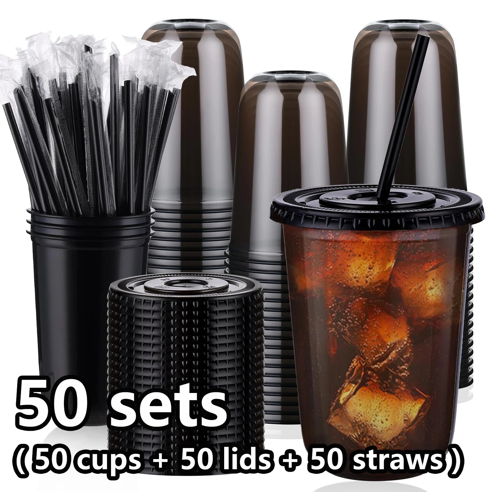 50 sets of 16oz (450ml) black transparent cups with lids and straws - disposable cold drink cups for iced coffee, milk tea, smoothies, and party events