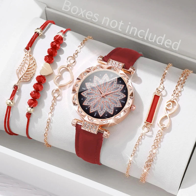 6PCS/Set Fashion Heart Dial Women's Watch Casual Leather Band Analog Quartz Watch Leaf Bracelets Set（Without Box）