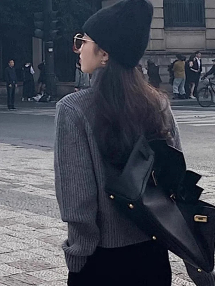 Y2k Aesthetic Harajuku Cardigan Mujer Kardigan Turtleneck Streetwear Grey Crop Tops Zipper 2026 Autumn All Match Solid  Sweater