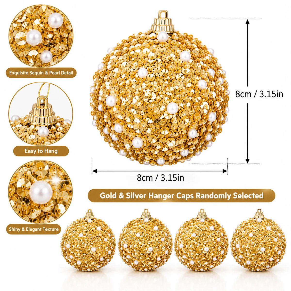 6PCS Gold Christmas Ball Ornaments, Pearl Sequin Baubles 8cm Glitter Hanging Balls Xmas Tree Holiday Decor