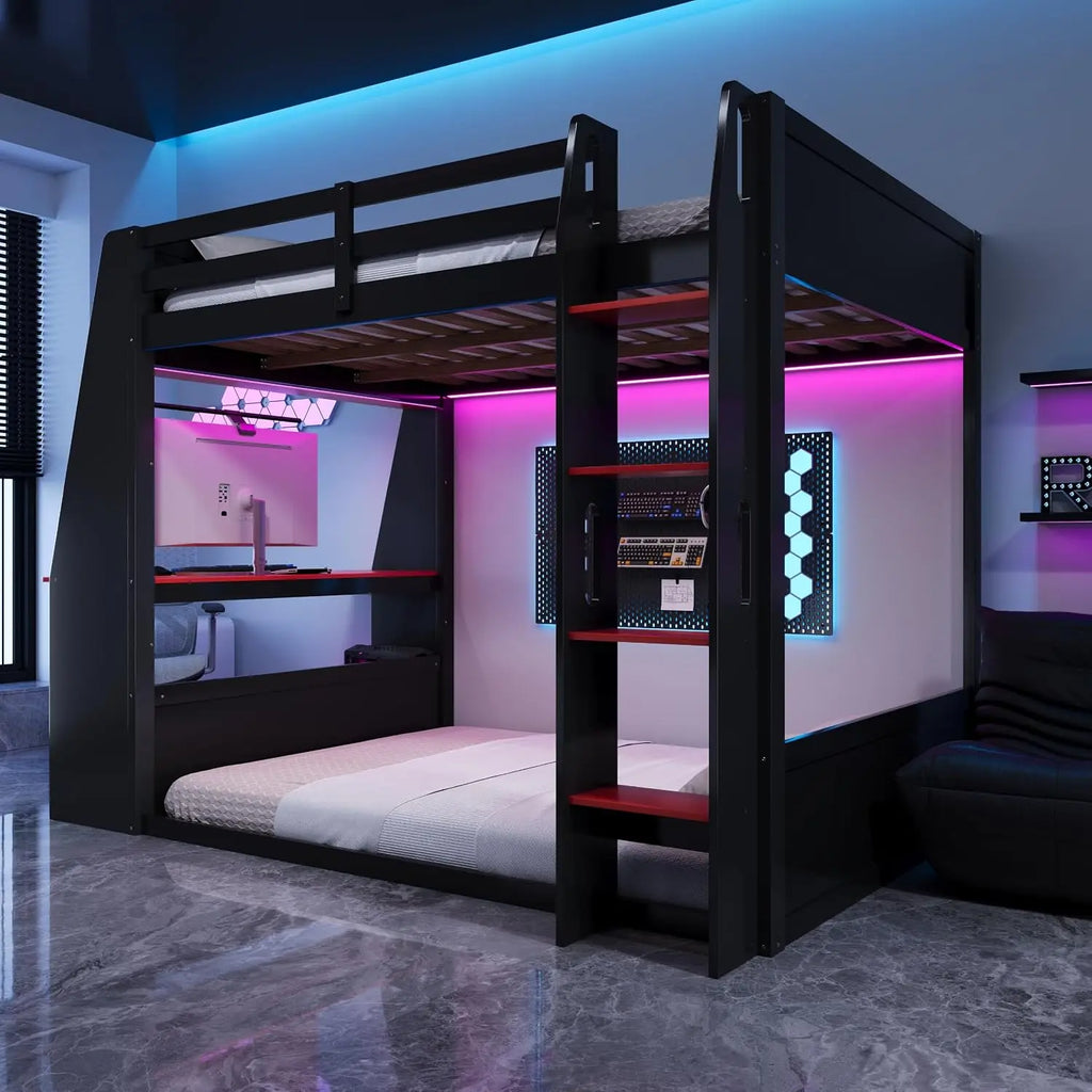 Twin Size Bunk Bed with Gaming Desk,USB and LED Light, Black+Red, Customized