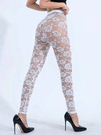 Pure Desire Style Sexy Perspective Jacquard Embroidered Lace Casual Pants Women Yoga Pants Embroidery Flower Fashion 848X