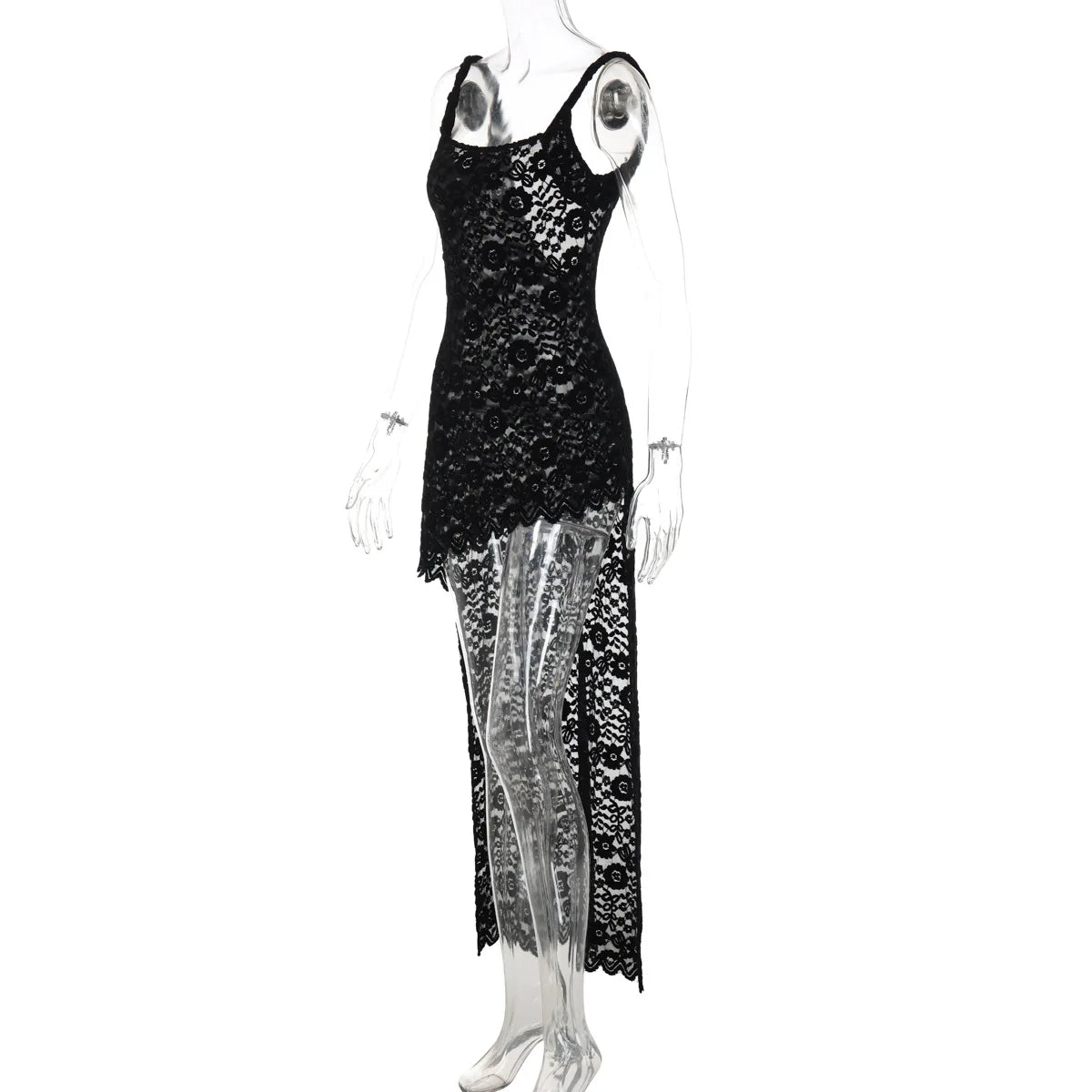 Y2K Women Sexy Lace See Through Maxi Dress Outfit Bodycon Summer Sleeveless Backless Party Club Dresses Asymmetrical Streetwear