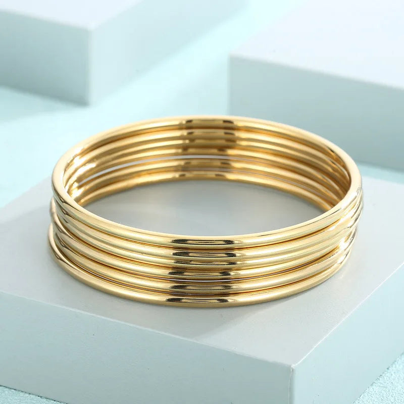 7pcs /set Lot Women Girls Bracelet Stainless Steel 3mm Thin Round Wire Plain Cuff Bangle Multi-color Joint layered 65mm KB63146