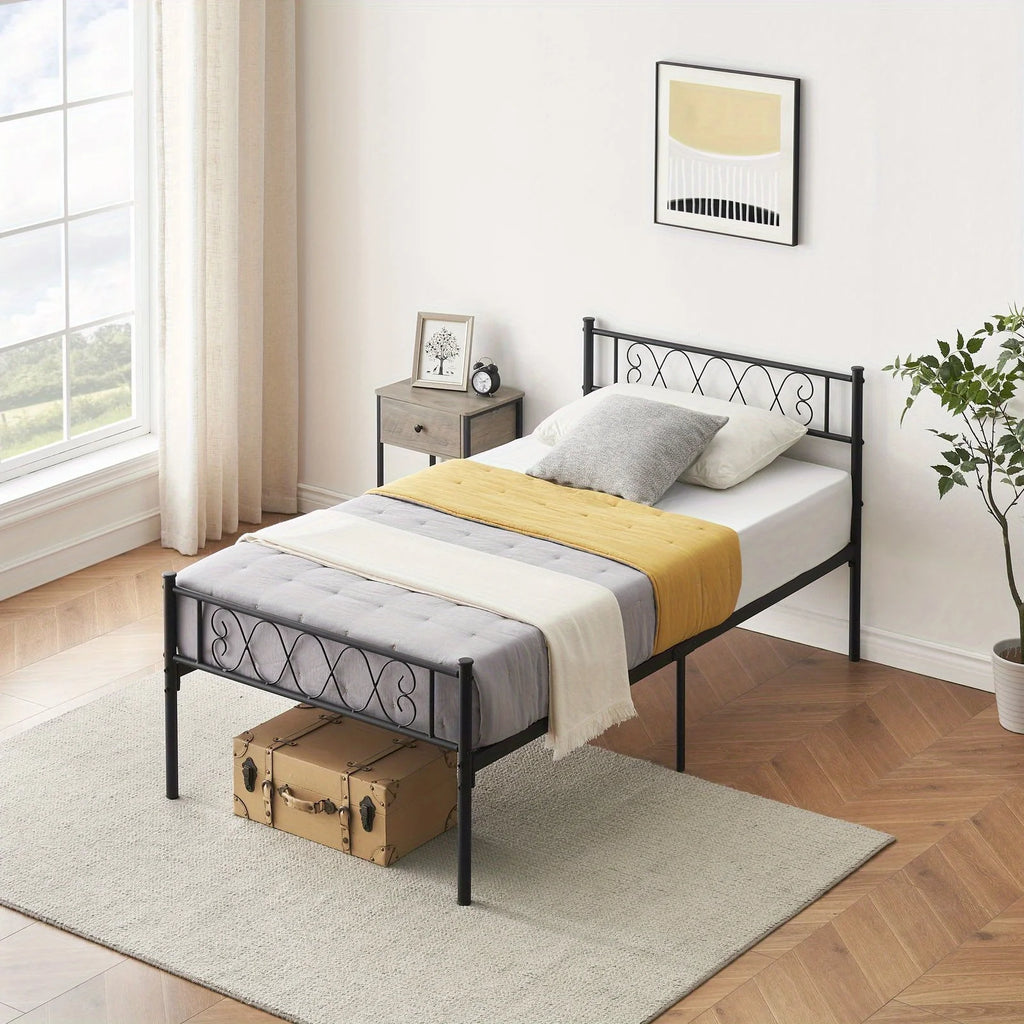 Twin-Sized Metal Bed Frame with a Headboard And Footboard Showcasing an Iron Heart Motif, Designed As a Platform Bed That Doesn