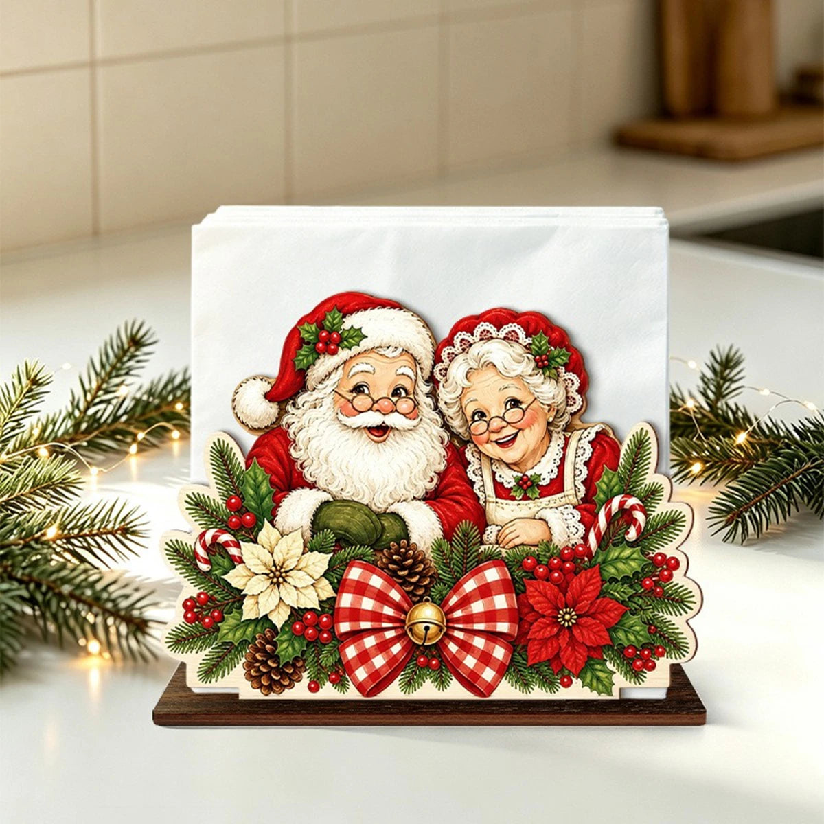 Santa Claus Wooden Napkin Holder Christmas Table Decor Desktop Tissue Storage Rack Xmas Party Dining Room Tabletop Decorations