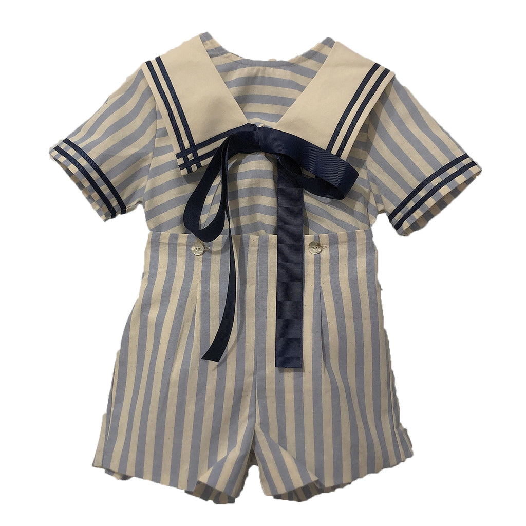 Children Boutique Clothing Baby Boys Girls Blue Striped Navy Tie Bubble Romper Vintage Cotton Siblings Outfit Birthday Dress