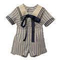 Children Boutique Clothing Baby Boys Girls Blue Striped Navy Tie Bubble Romper Vintage Cotton Siblings Outfit Birthday Dress