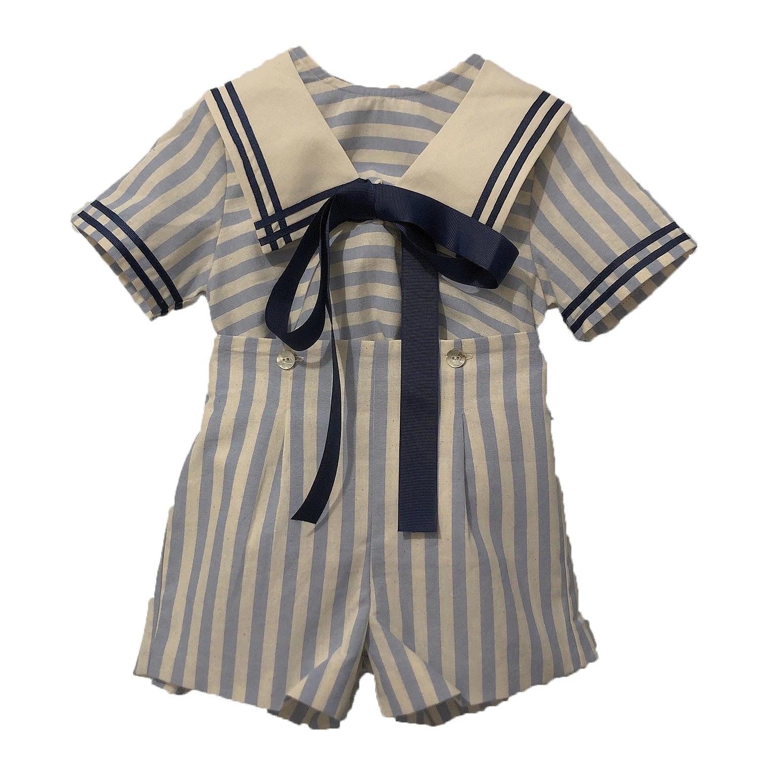 Children Boutique Clothing Baby Boys Girls Blue Striped Navy Tie Bubble Romper Vintage Cotton Siblings Outfit Birthday Dress