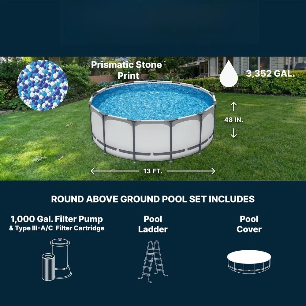 Round Metal Frame Above Ground Swimming Pool Set 13 Feet x 48 Inch with Filter Pump Ladder Cover for Outdoor