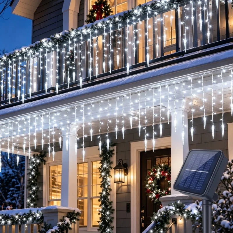 9M 162LEDs Solar Curtain Icicle Light Outdoor Eaves Decor String Lights Garden Party Yard Christmas Decoration Holiday Garlands