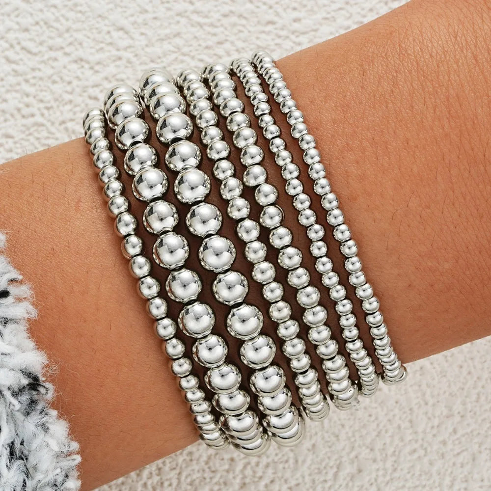 7PCS Golden Bead Bracelet Set for Women Flexible Stretch Fit, Minimalist Beaded Bangles Elegant Daily & Party Jewelry Accessory
