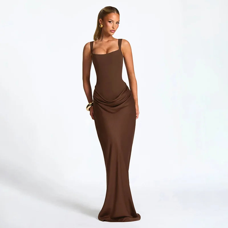 Elegant Y2K Low Cut Maxi Dress for Women Bodycon Ruched Sleeveless Backless Sexy Autumn Winter Party Club Dresses Outfit Gift