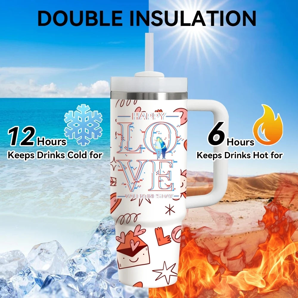 Happy Love Valentine's Day Vacuum Flasks 40oz Stainless Steel Vacuum Insulated Tumbler with Straw Leak Resistant Travel Mug