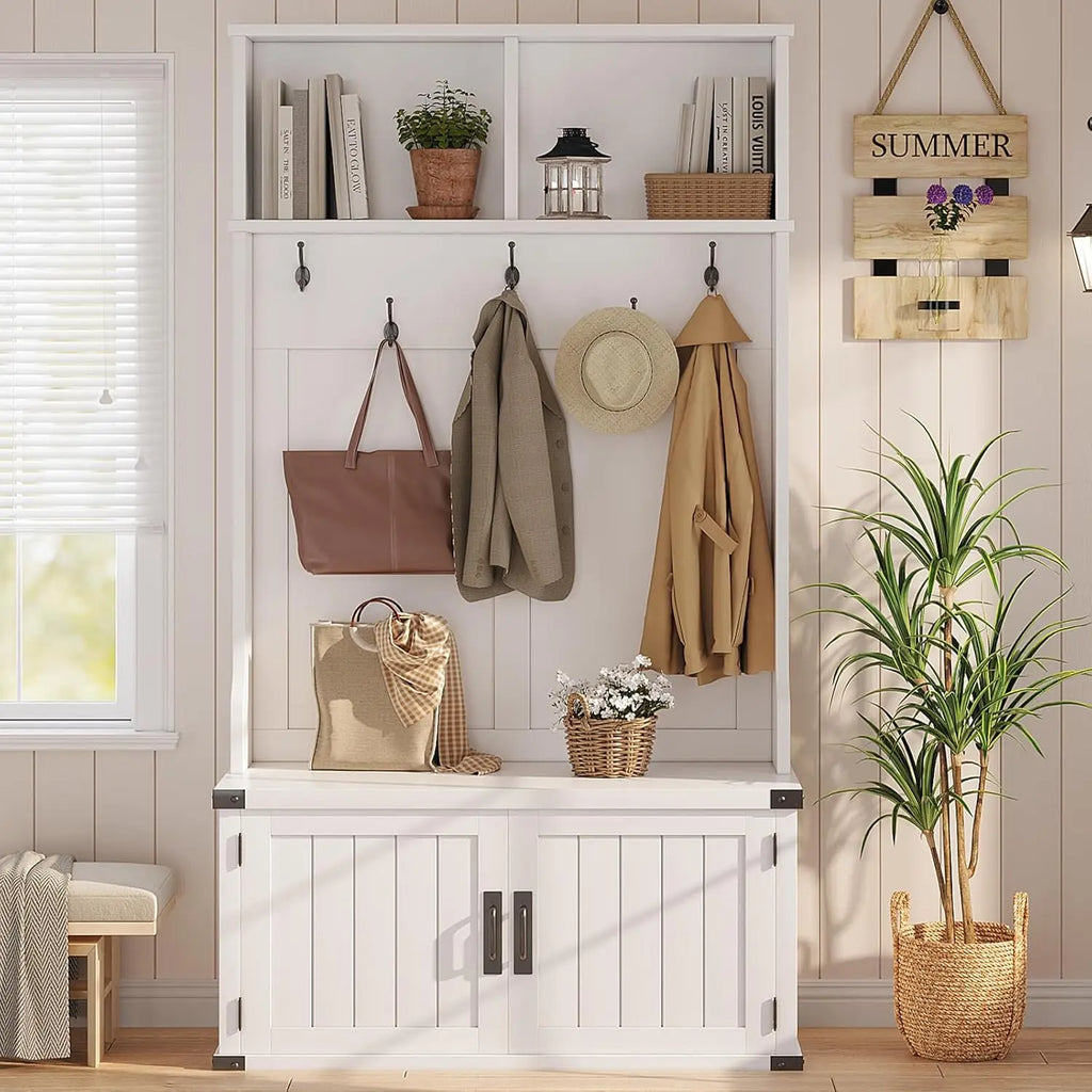 76" Hall Tree with Bench and Shoe Storage, Farmhouse 4-in-1 Entryway with Coat Rack & 5 Tri-Hooks, Adjustable Shelf, White Mudro