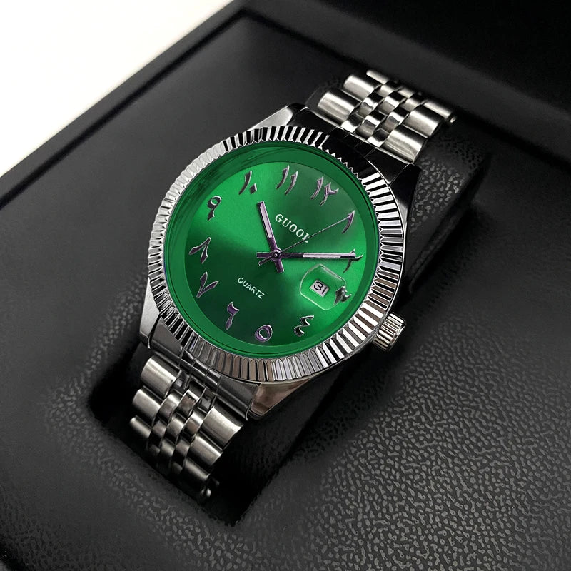 Men's Stainless Steel Five-Link Band Watch, Arabic Numerals, Calendar Display, Business Style