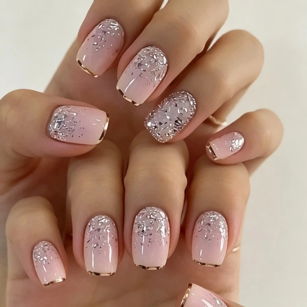 Medium Square Fake Nails for Women Girls White Pink Nail Tips with Golden Silver Sparkling Glitters Frame Design Press On Nail