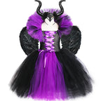 Halloween Evil Queen Costume for Kids Carnival Party Dress Up Outfit Purple Black Witch Costume for Girls Fancy Tulle Tutu Dress