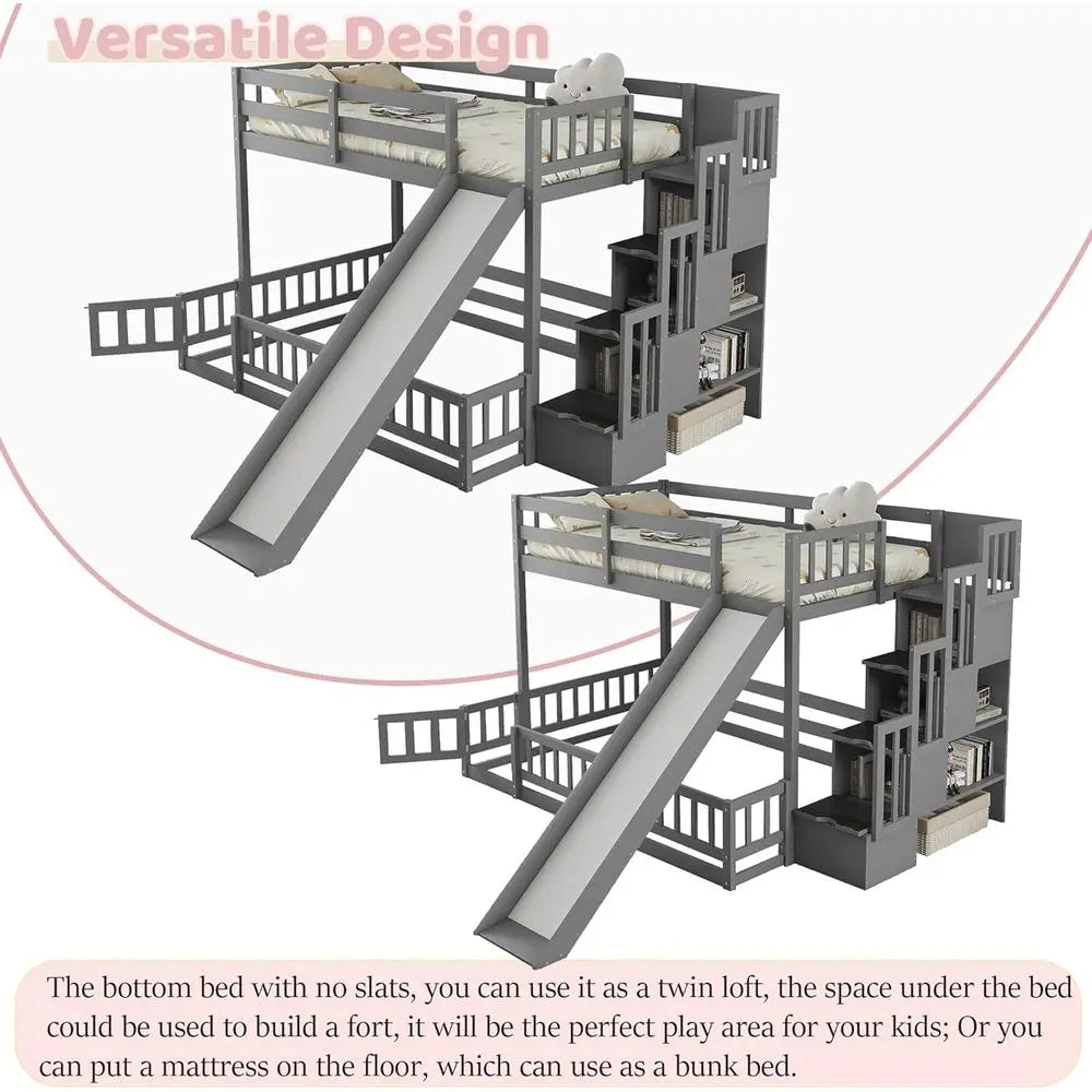 Gray Twin Over Full Bunk Bed with Slide, Stairs, and Storage for Kids