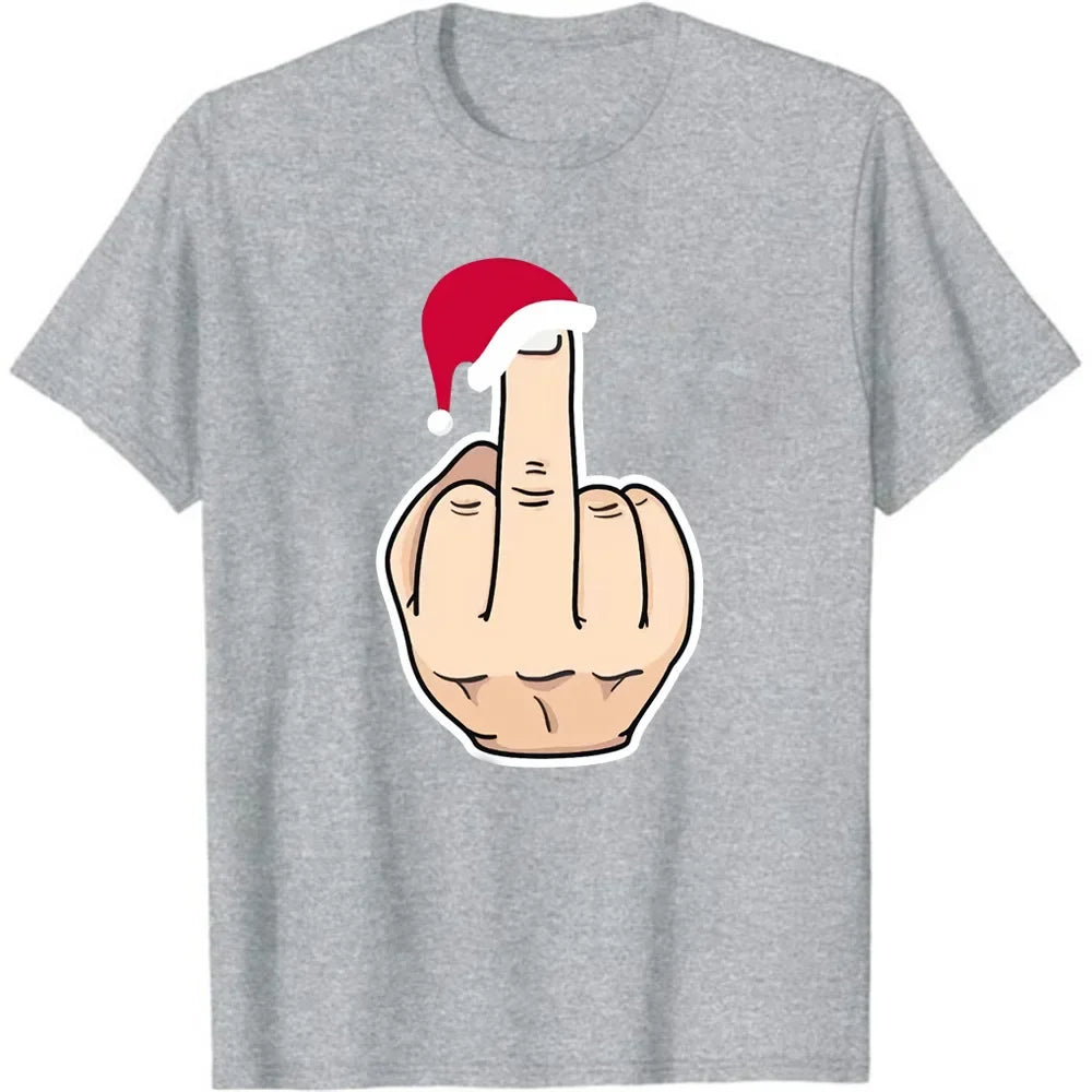 Christmas Santa's Hat Middle Finger Print T Shirt Women Short Sleeve O Neck Loose Tshirt Women Tee Shirt Tops Camisetas Mujer