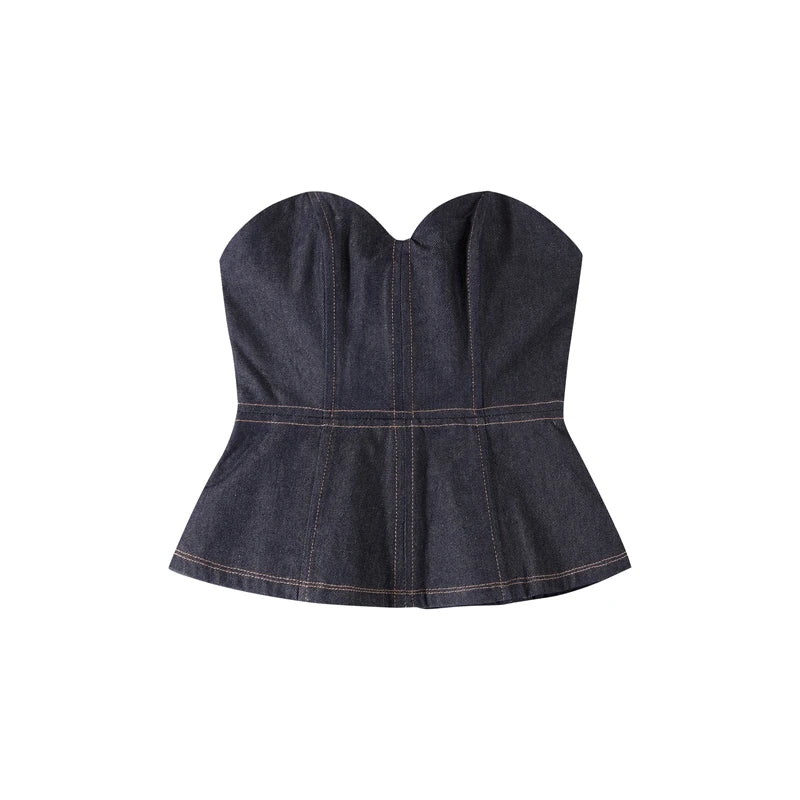 Denim Blazer Coat Tube Top Pants Sets 3 Pieces Women 2025 Spring Notched Button Up Suits Jacket Vest Wide Leg Trousers Suits