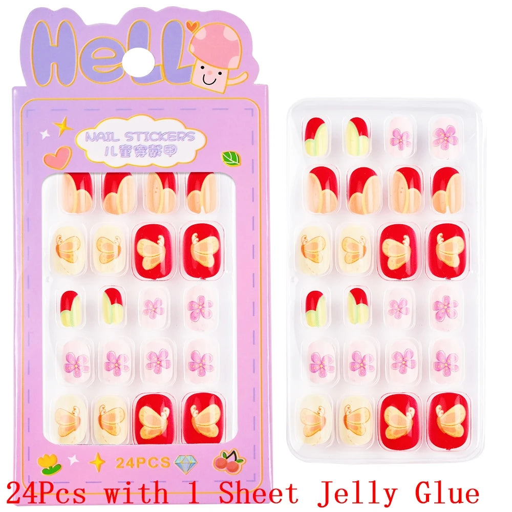 Children Press on Nails,24 Pcs Fake Nails Tips for Kids Acrylic Nails Pre-glue Full Cover Short False Nails Cute Fingernails
