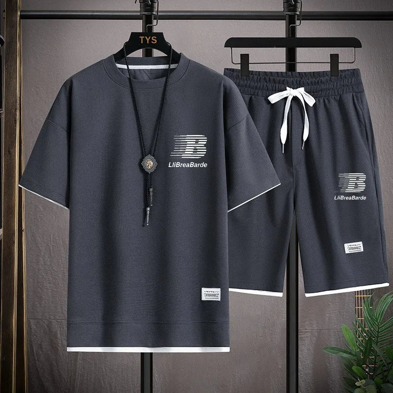 New Trends Men's 2026 Summer Sports Set Fashion Casual T-shirt and Shorts Set Waffle Short Sleeve Shorts Two Piece Sports Set