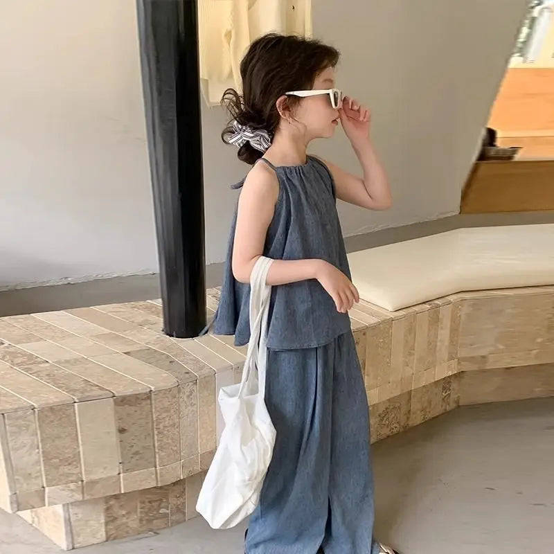 Teens Girls 2-piece Set 2025 Children's Clothing Summer New Set Outfits Baby Korean Slim Top and Blue Wide Leg Pants Casual Set