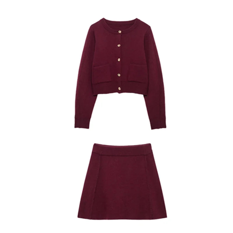 Elegant Brown Knitted Cardigan Skirt Suit Women Single Breasted Sweater Mini Skirts Set 2025 Autumn Chic Street Lady Outfits