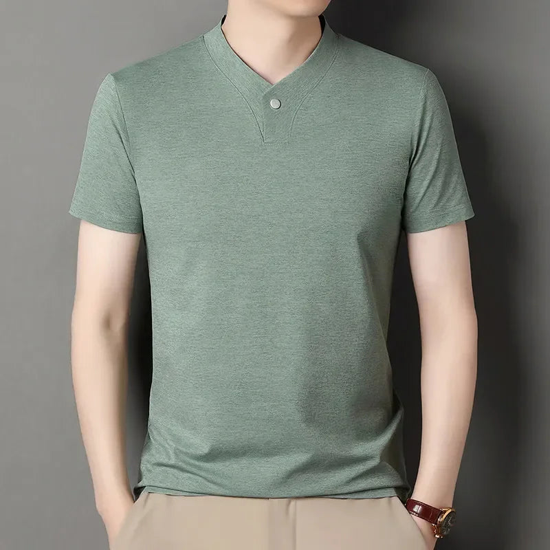 2026 Korean Style Men's Casual and Fashionable One Button V-neck Solid Color Short Sleeved T-shirt Summer Versatile Top