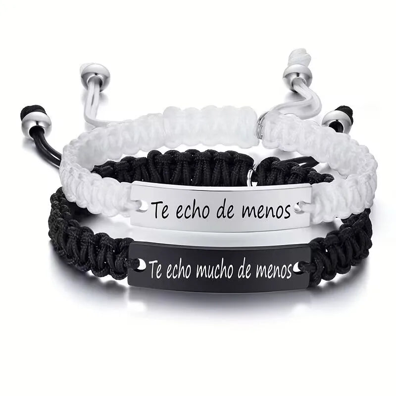 2 Pcs Handmade White Black Braided Rope Bracelet Set Adjustable Stainless Steel Couple Bracelets Valentine's Day Gifts