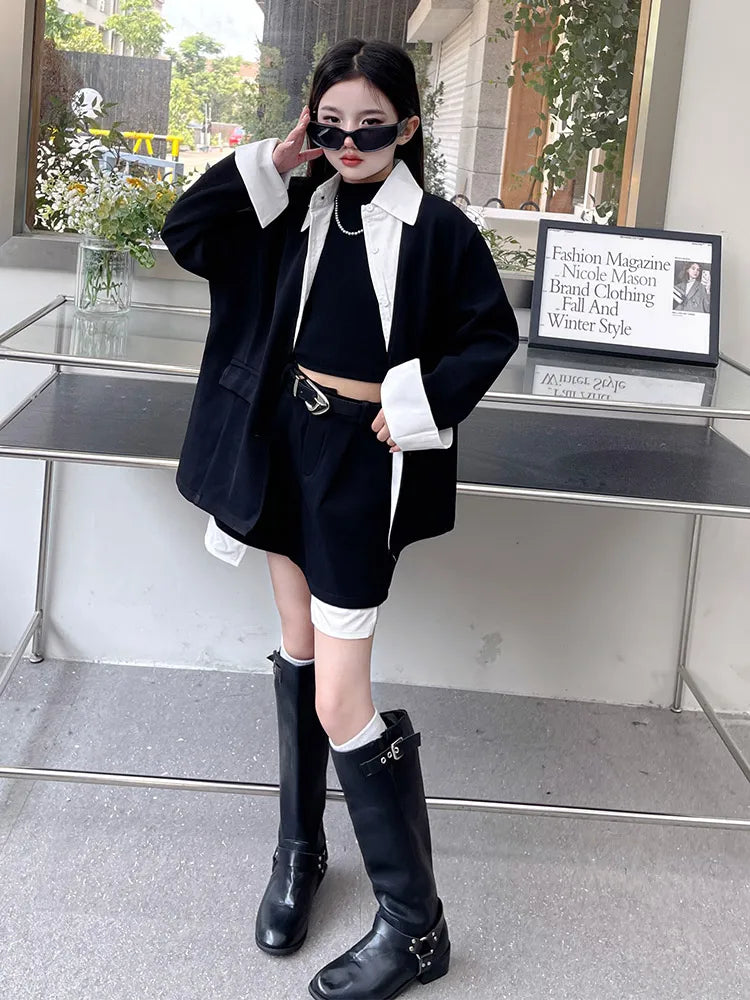 Girls' Preppy Style Suit Set Short Skirt And Jacket Outfit Two-Piece Ensemble for Kids Ages 5-14 Trendy And Stylish Performan...