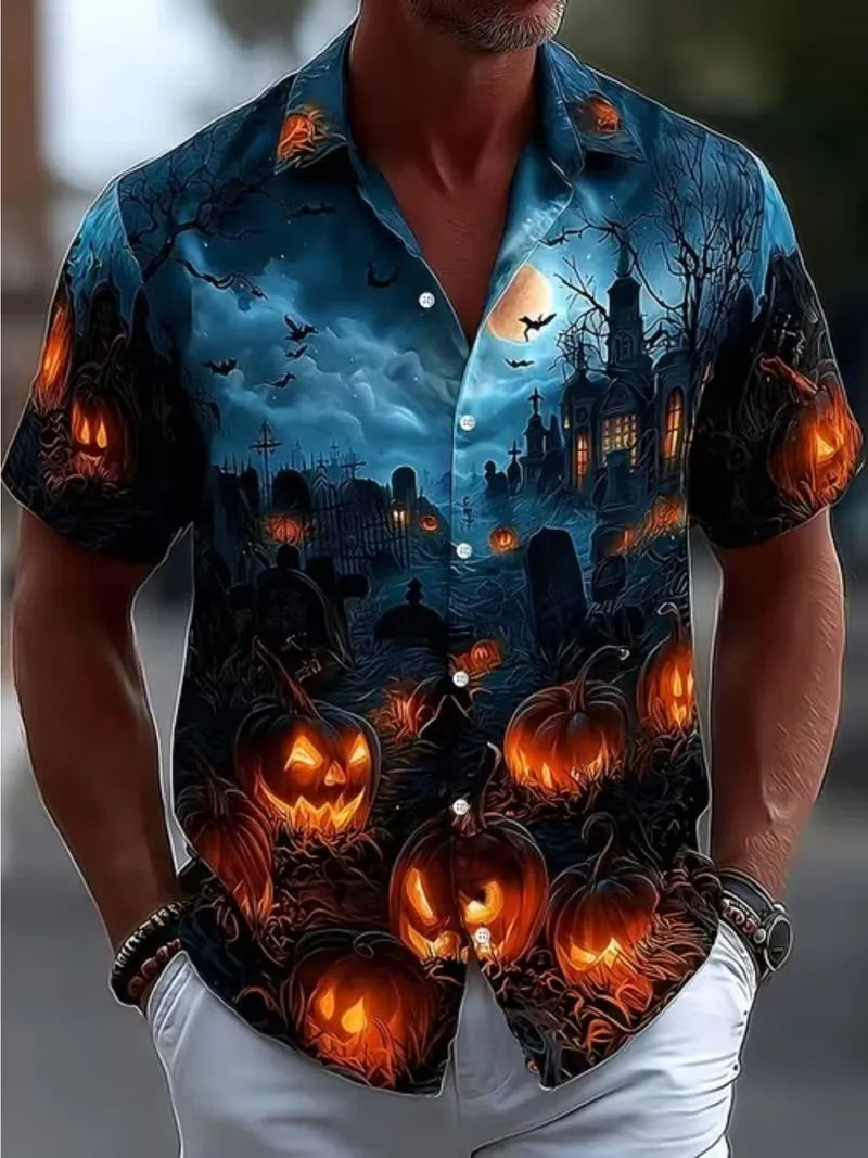 Men Halloween Headless Horseman Print Aloha Shirt Short Sleeve Button Down Spooky Pumpkin Horse Graphic Hawaiian Shirts Tops