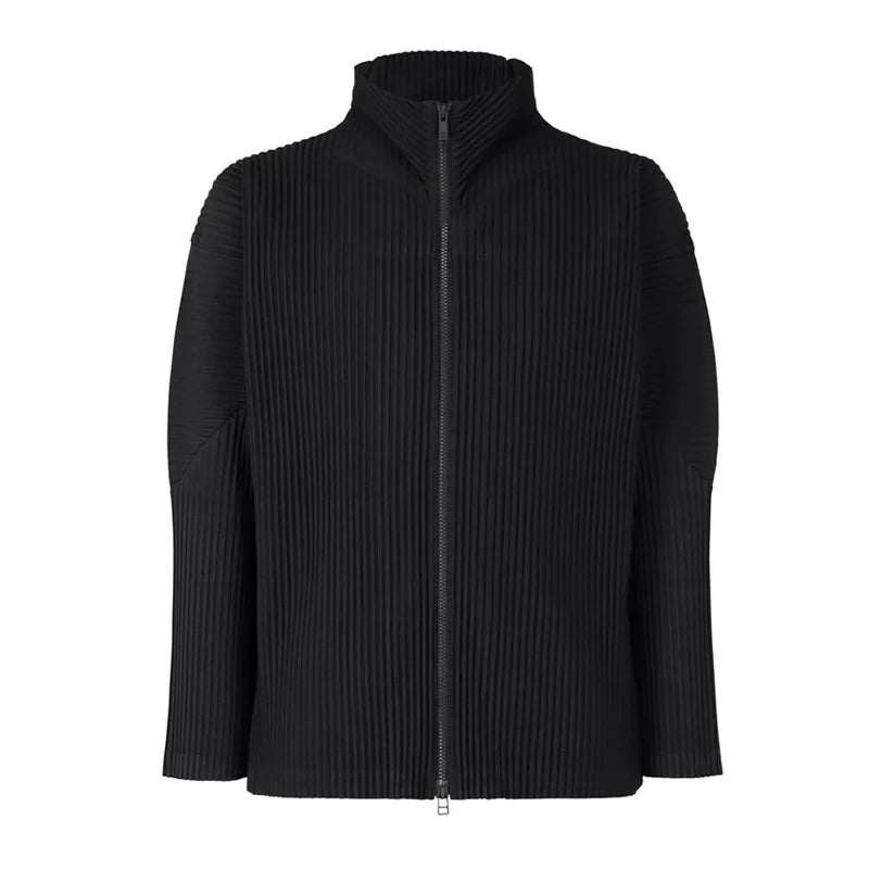 Miyake Men's Jacket 2025 Spring New Pleated Zip Standing Collar Jacket Solid Colour Men's Coat Premium Sense Tops Men Clothing