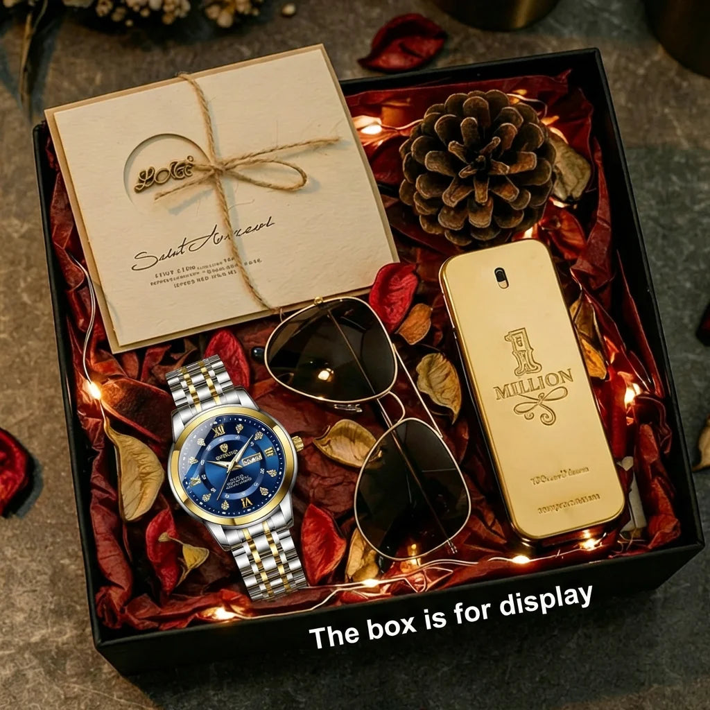 4pcs Men's Blue Gold Two-tone Stainless Steel Classic Diamond Accents Date Day Sunglasses Perfume Quartz Watch Gift Box Set