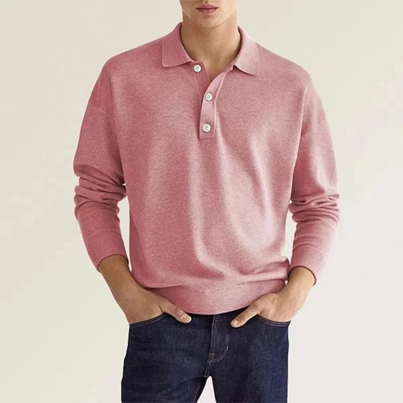 Men Long Sleeve Polo Shirt V Neck Button Up Casual Autumn Basic Solid Color Knitwear Tops For Men