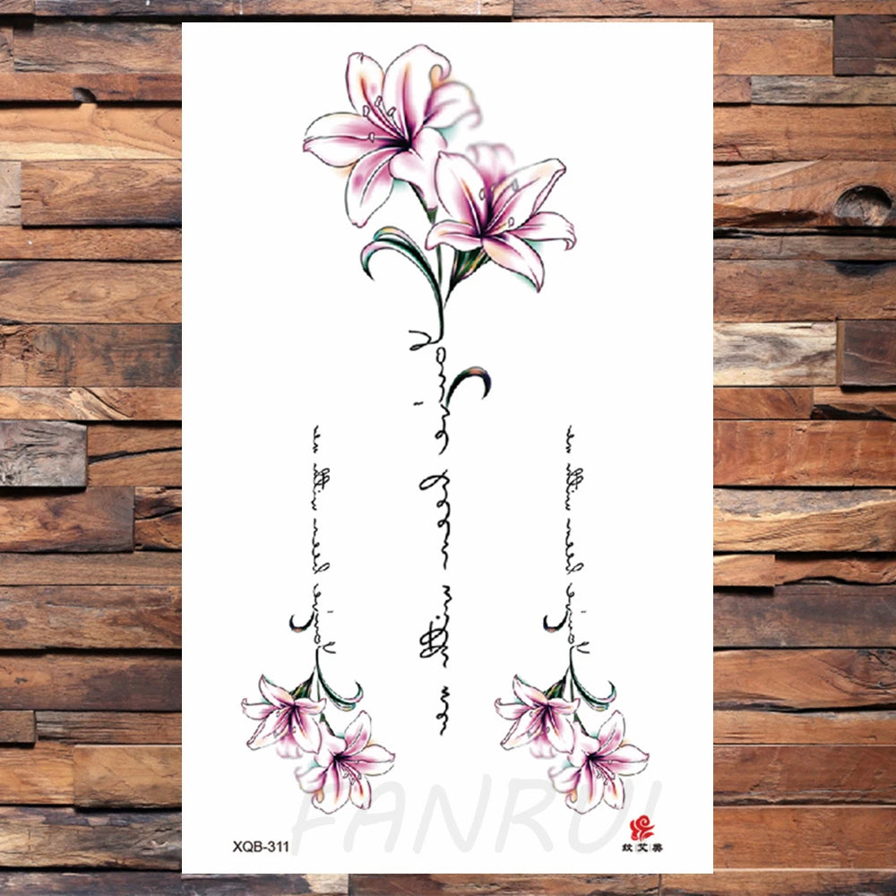 Watercolor Rose Flower Temporary Tattoo For Women Kids Girls Cherry Fake Tattoos Sticker Sexy Lotus Henna Waterproof Tatoo Waist
