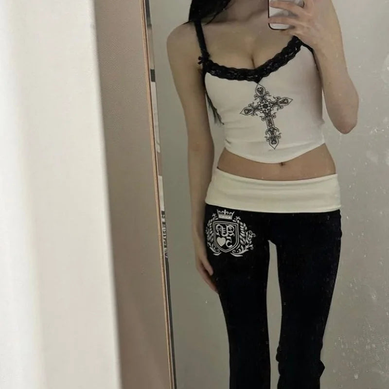 2025 New Women Summer sexy Y2K hot girl slim fit tank top, European and American street style printed lace top for women
