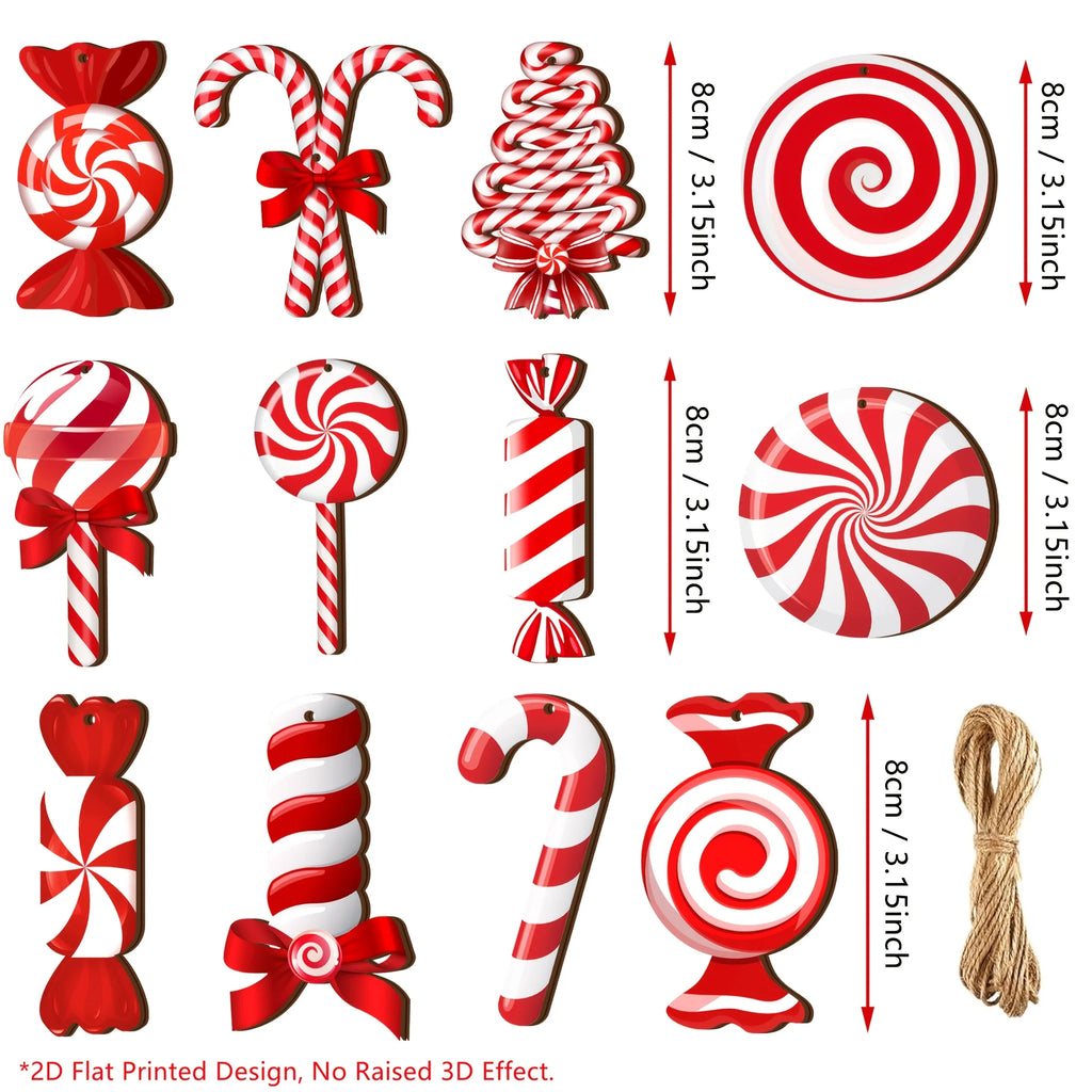24/36Pcs Wood Peppermint Candy Cane Ornaments with Jute Rope - Red & White Swirl Suitable for Christmas Tree Decorations,Holiday