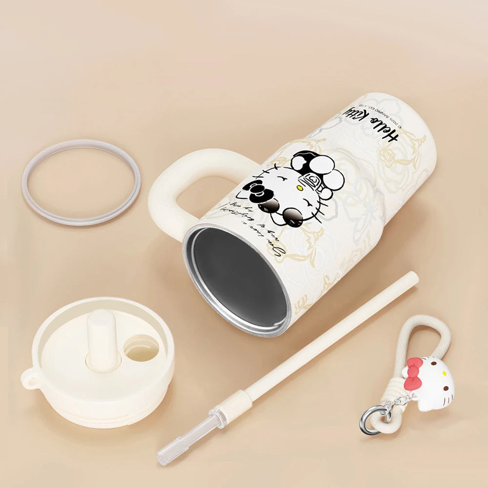 X&W Sanrio Thermos Cup Stainless Steel Straw Insulated Bottle with Handle Cartoon HelloKitty Coffee Mug Keep Hot/Cold Travel Cup