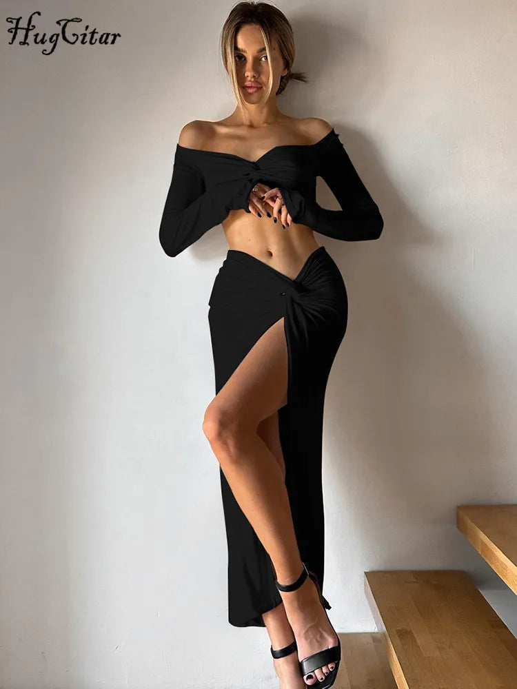 Hugcitar Elegant 2 Piece Sets Solid V Neck Long Sleeve Ruched Sexy Crop Top Slit Midi Skirt Winter Women Clothes Party Birthday