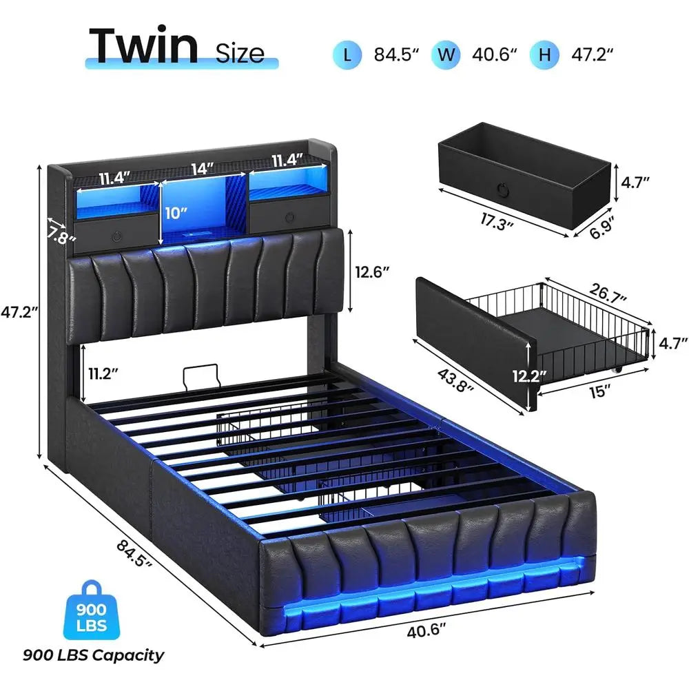 Twin Size Bed Frames with Storage Headboard and Two Large Drawers, Gaming Bed with RGB Lighting and Charging Station, Leather Up