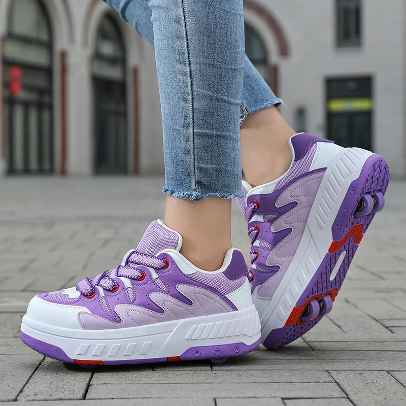 Children's Skateboard Shoes Walking Rolling Dual-Use Comfortable Wear-resistant Outdoor Roller Skate Sneakers Girls Boys 4 Wheel