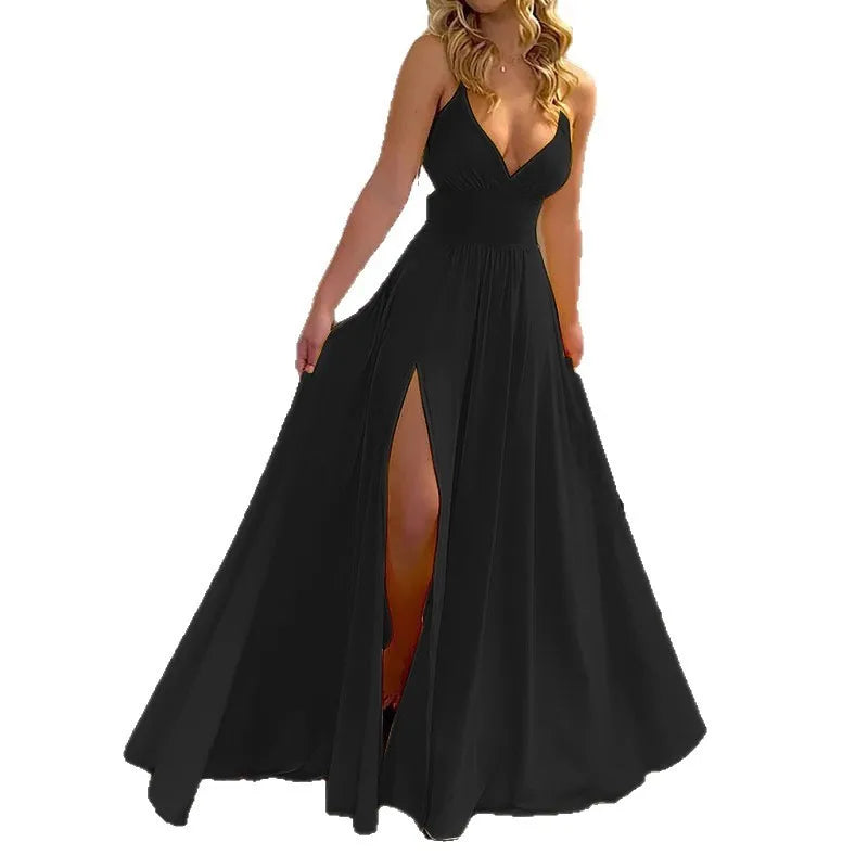 Y2k Women's Party Prom High Waisted Dress Summer Sexy Deep V-neck Suspender Dresses Ladies Fashion Solid Slit Hem Loose Vestidos